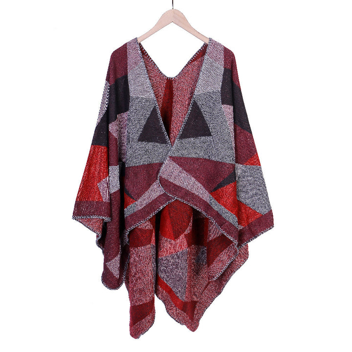 Damen Grobgestrickte Oversize-Ruana mit grafischem Blockmuster und asymmetrischem Zipfelrand Echo Archiv