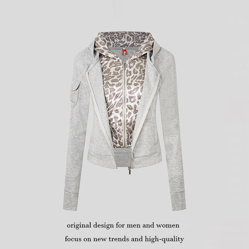 Damen Lagenlook-Zip-Hoodie mit metallischem Leoparden-Innenfutter und schmaler Silhouette Echoarchiv