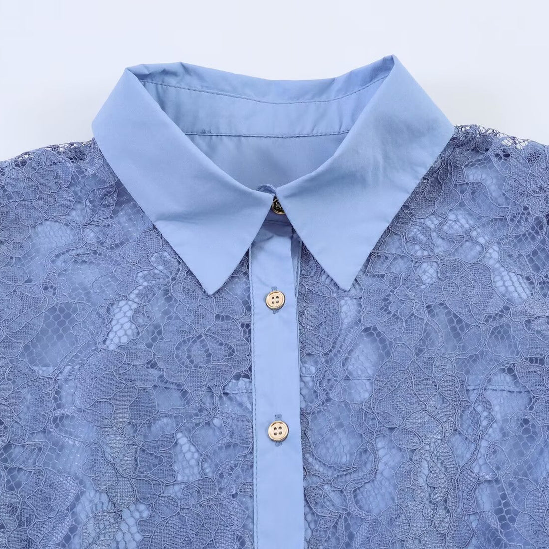 Damen Transparente Spitzenbluse mit Hemdkragen und Puffärmeln Echoarchiv