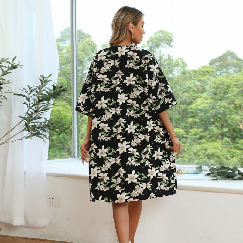Damen Langer Kimono‑Blütenmantel mit floralem Print, offener Front und 3/4‑Ärmeln Echoarchiv