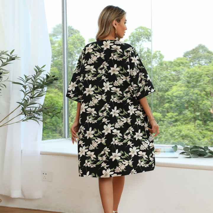 Damen Langer Kimono‑Blütenmantel mit floralem Print, offener Front und 3/4‑Ärmeln Echoarchiv