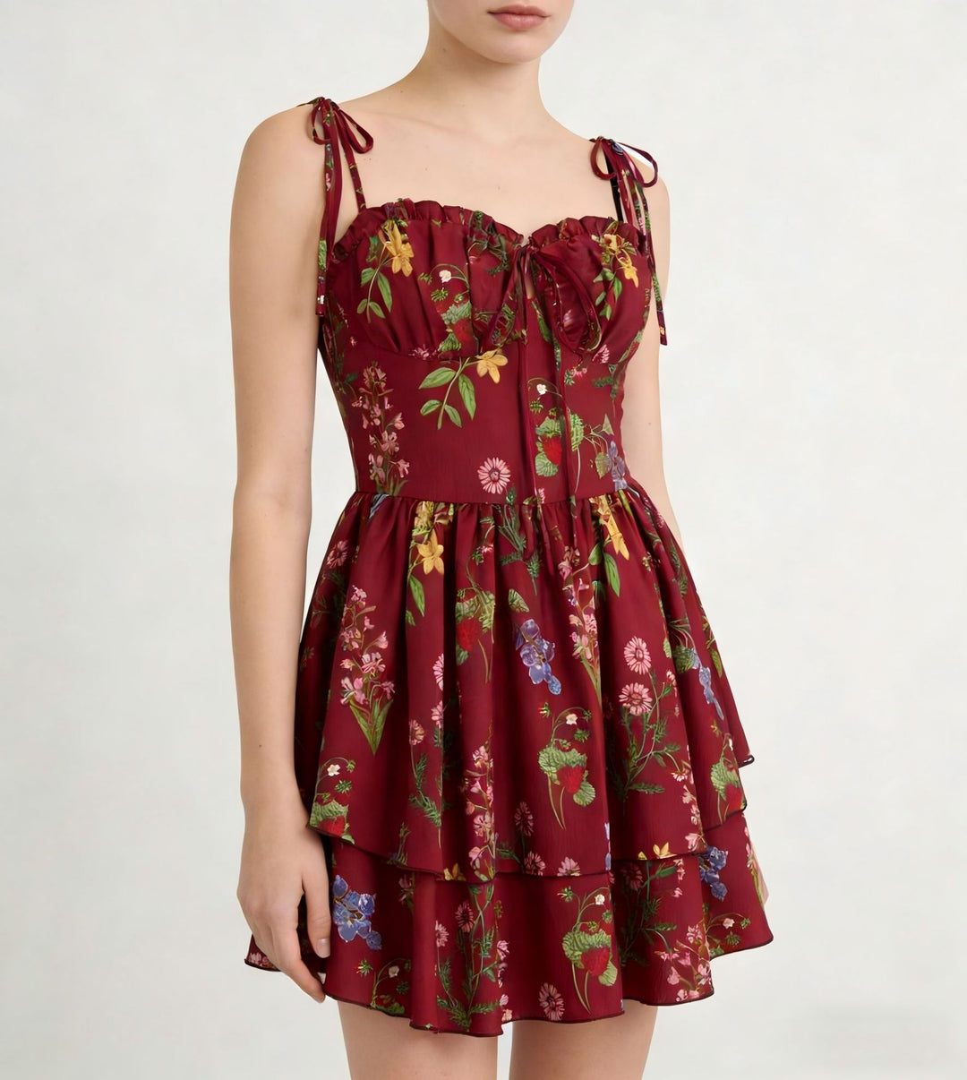 Damen Minikleid mit Blumenmuster und bordeauxfarbenem Unterrock Echo Archiv