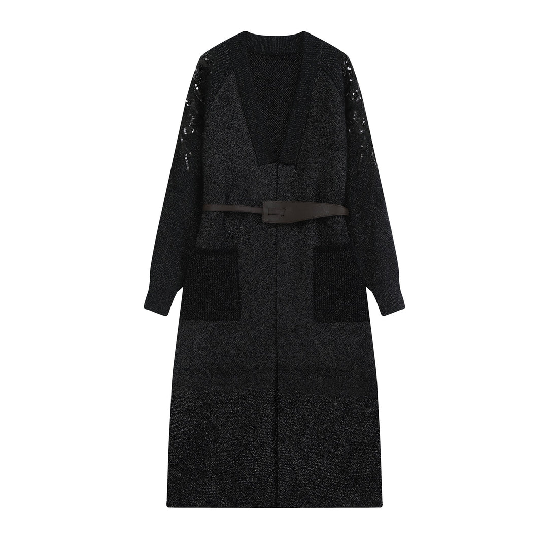 Damen Strick-Midikleid mit tiefem V-Ausschnitt, Taillengürtel und paillettenverzierten Ärmeln Echoarchiv