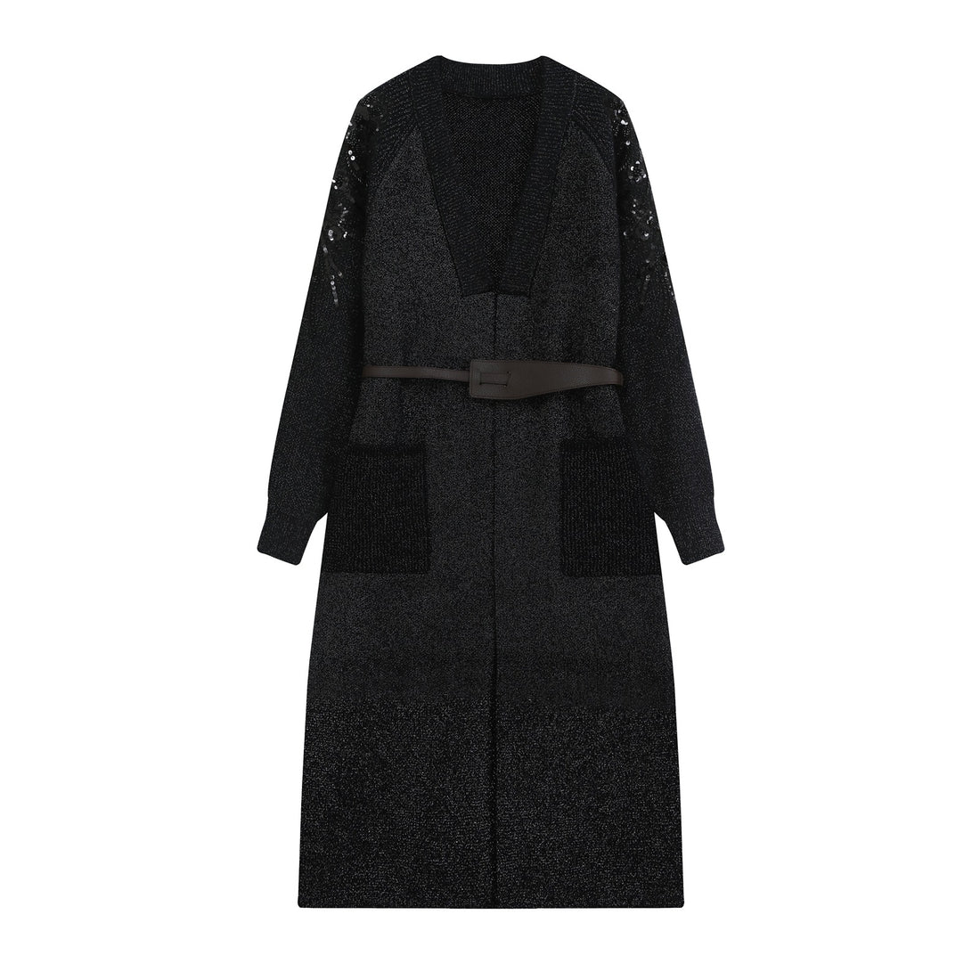Damen Strick-Midikleid mit tiefem V-Ausschnitt, Taillengürtel und paillettenverzierten Ärmeln Echoarchiv