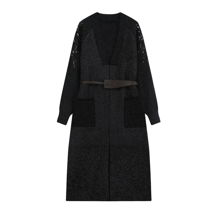 Damen Strick-Midikleid mit tiefem V-Ausschnitt, Taillengürtel und paillettenverzierten Ärmeln Echoarchiv
