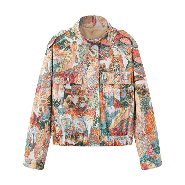 Damen Kurze Bouclé-Tapestry-Jacke mit ornamentalem Vogelprint, Pattentaschen und Stehkragen Echoarchiv