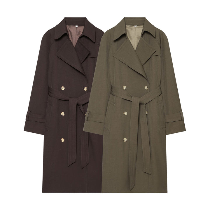 Damen Midilanger Doppelreihiger Trenchcoat mit breitem Revers und Taillenbindegürtel Echoarchiv