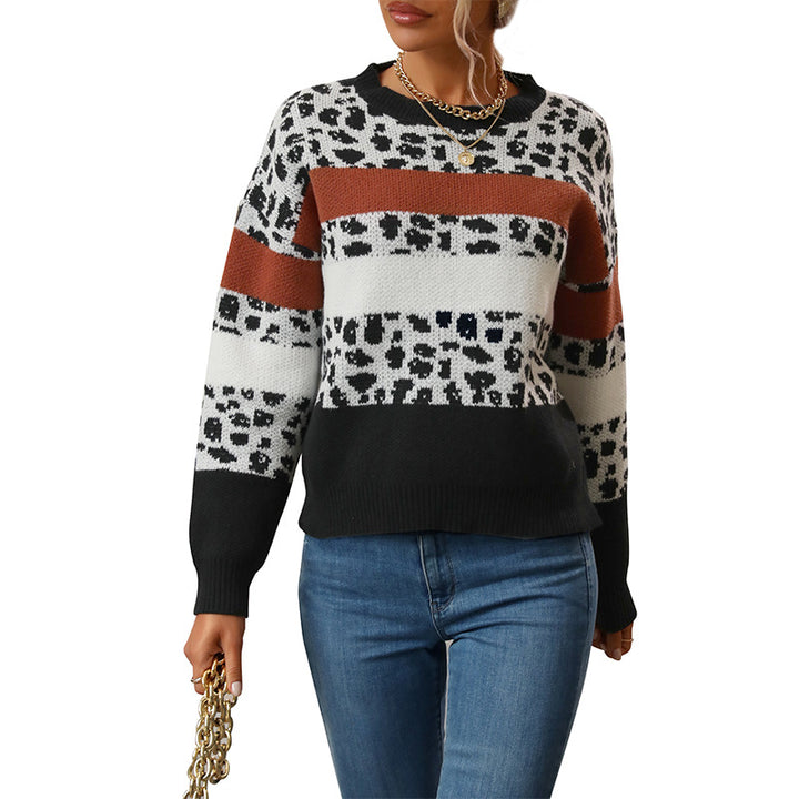Damen Feinstrickpullover mit Animalprint‑Blockstreifen und geripptem Saum Echoarchiv