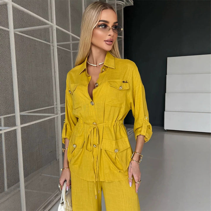 Damen Leinenoptik Utility-Hemdjacke mit Tunnelzugtaillierung und goldenen Zierknöpfen Echoarchiv