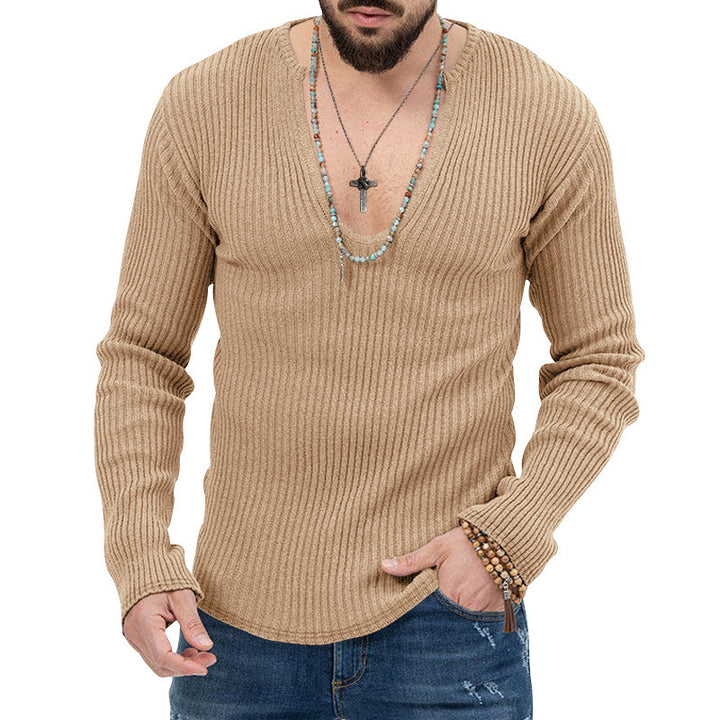 Herren elegantes Langarmshirt mit tiefem V-Ausschnitt und strukturiertem Gewebe Echoarchiv