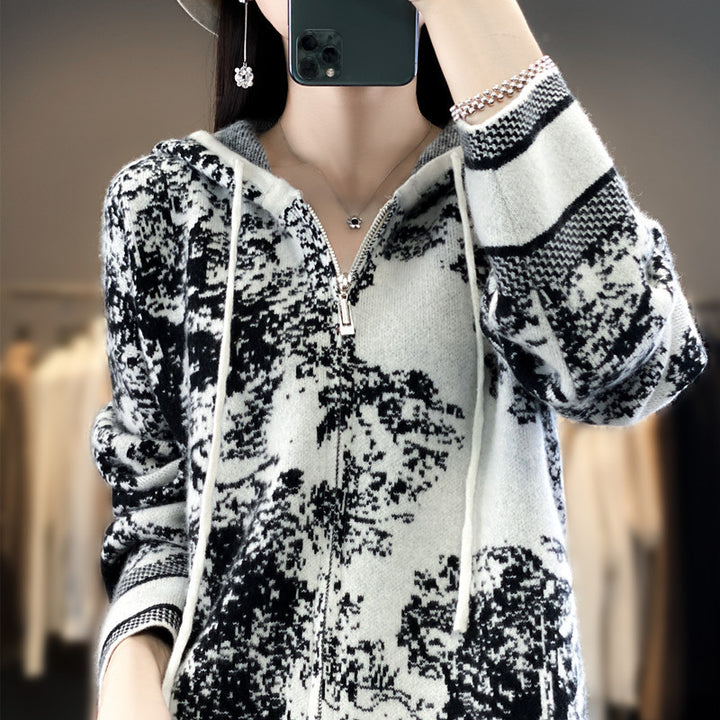 Damen Oversize Jacquard-Strickjacke mit Kapuze und Reißverschluss Echoarchiv