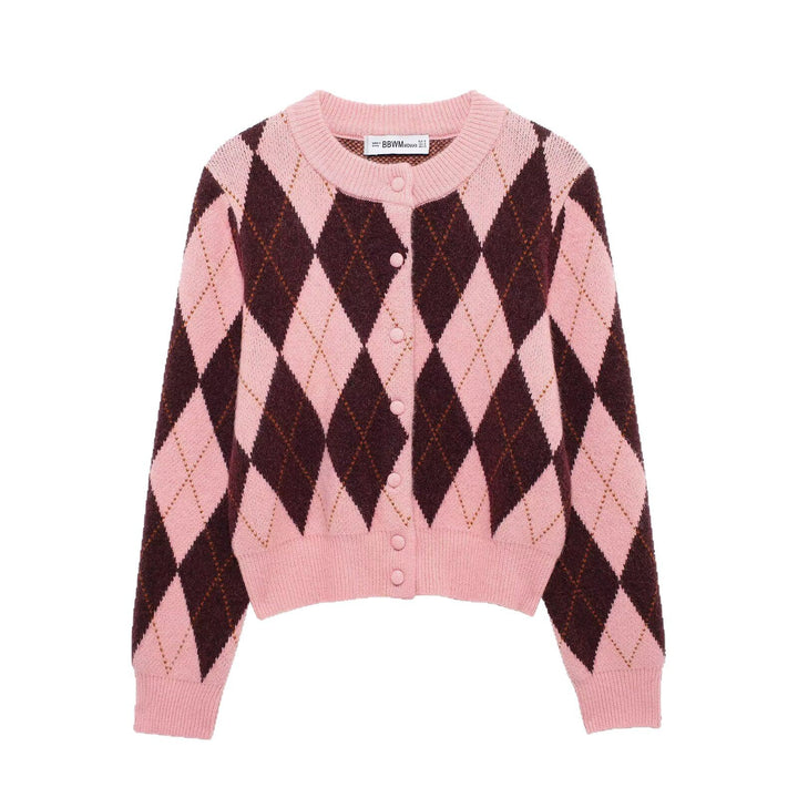 Damen Kurze Rauten‑Argyle‑Strickjacke mit Rundhals und stoffbezogenen Knöpfen Echoarchiv