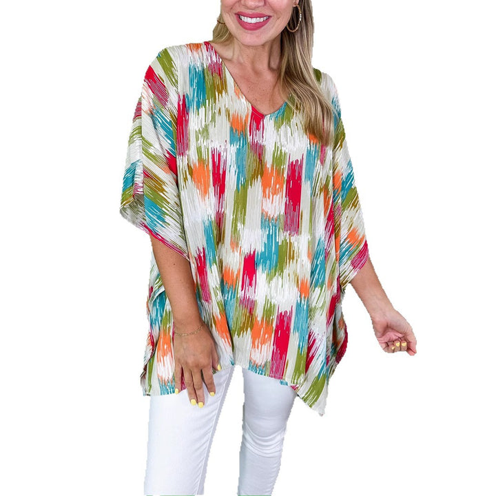 Damen Oversized V‑Neck Tunika im Plissee‑Look mit abstraktem Ikat‑Print – Avérine