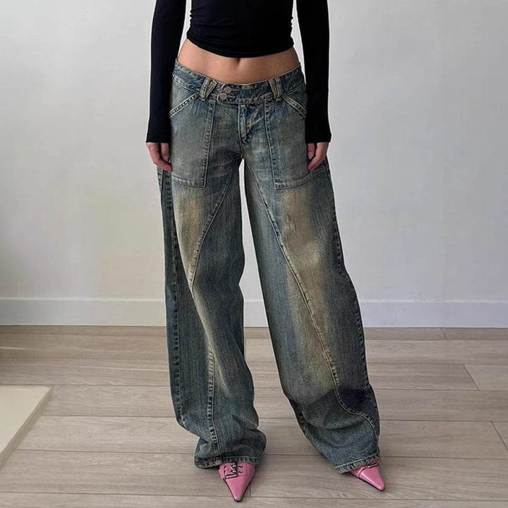 Damen nan weite Low-Rise Baggy-Jeans mit markanten V‑Nahtpaneelen und aufgesetzten Fronttaschen Echo Archiv