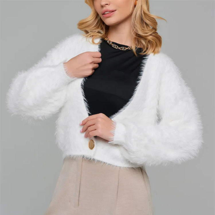 Damen Kurze flauschige Kunstfell-Cardigan mit offenem Schnitt und Raglanärmeln – Veloura