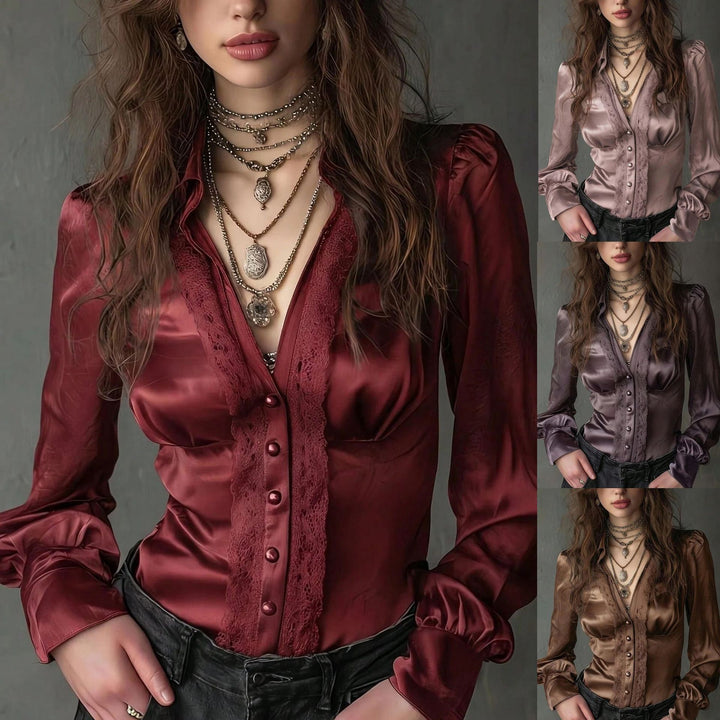 Damen Taillierte Satinbluse mit Spitzenpasse, Knopfleiste und Puffärmeln Echo Archiv