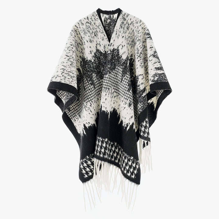 Damen Monochromer Jacquard-Capeponcho aus Wollmix mit Fransen und Oversize-Fall Echo Archiv