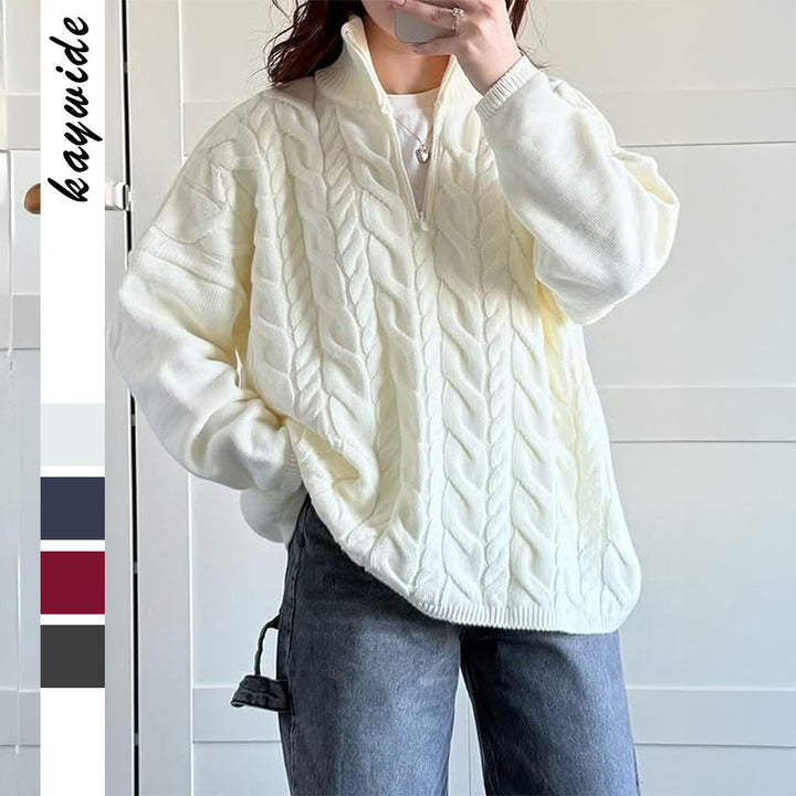 Damen nan oversized Zopfmuster-Troyer mit halbem Reißverschluss, hohem Stehkragen und gerundetem Saum Echo Archiv
