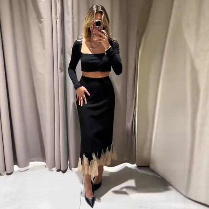 Damen Eleganter Bleistift‑Midirock mit kontrastierender Spitzenunterlage Echoarchiv