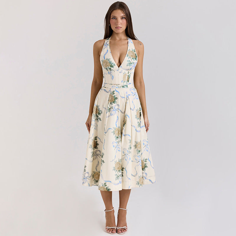 Damen Elegantes Blumen-Midikleid mit tiefem V-Ausschnitt Echo Archiv