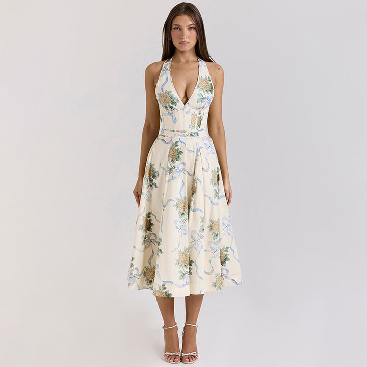 Damen Elegantes Blumen-Midikleid mit tiefem V-Ausschnitt Echo Archiv