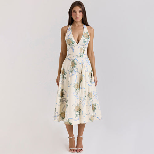 Damen Elegantes Blumen-Midikleid mit tiefem V-Ausschnitt Echo Archiv