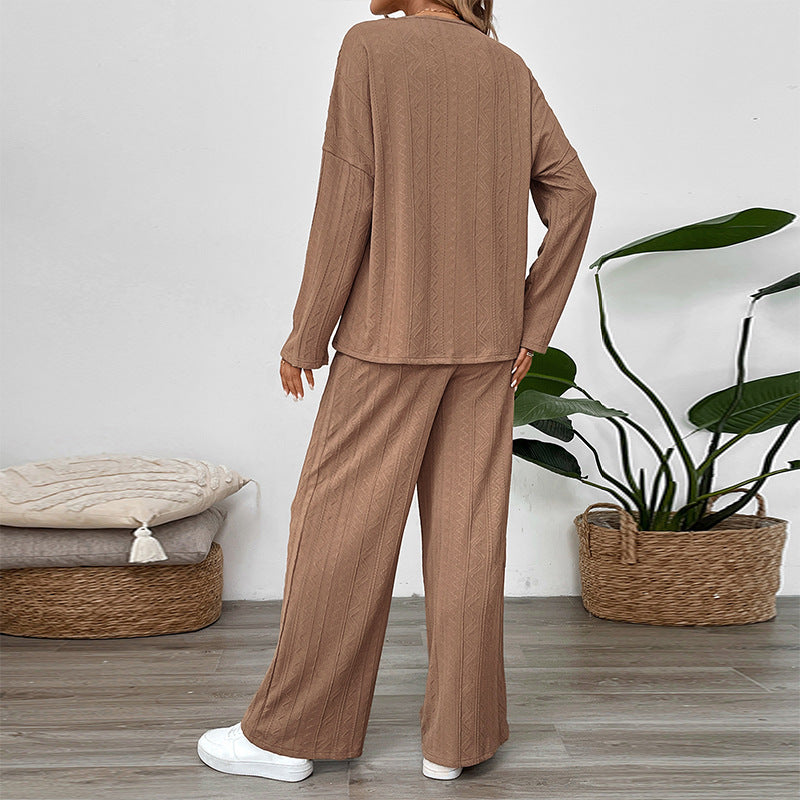 Damen Zweiteiliges Strick-Loungewear-Set mit Wide‑Leg-Hose und Henley-Oberteil Echoarchiv