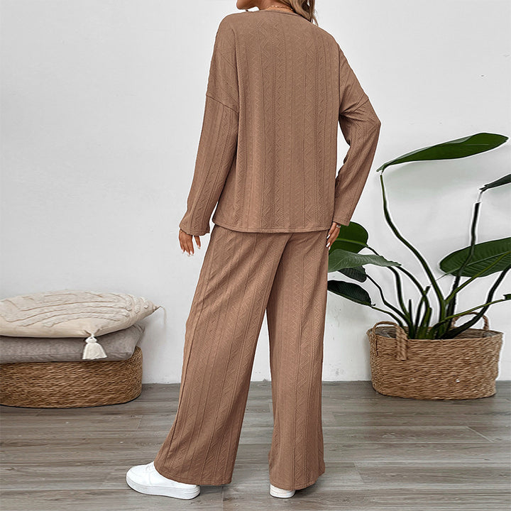 Damen Zweiteiliges Strick-Loungewear-Set mit Wide‑Leg-Hose und Henley-Oberteil Echoarchiv