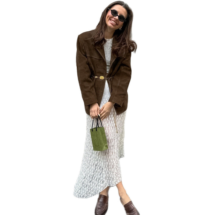Damen Oversized Veloursleder-Blazer mit Revers und Pattentaschen Echoarchiv