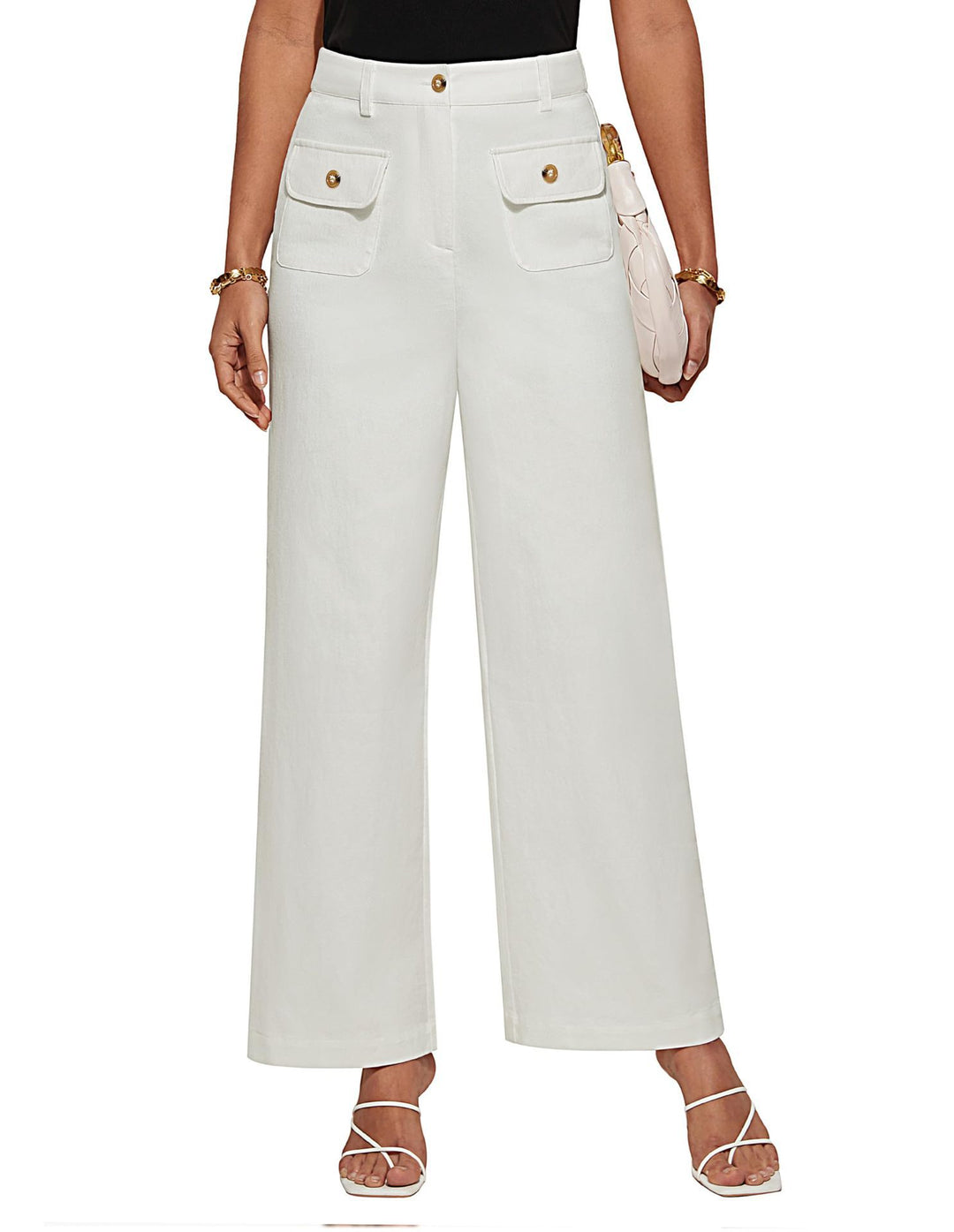 Hochtaillierte Damen-Trousers mit weitem Bein und Knopfklappen-Pattentaschen – Avélisse