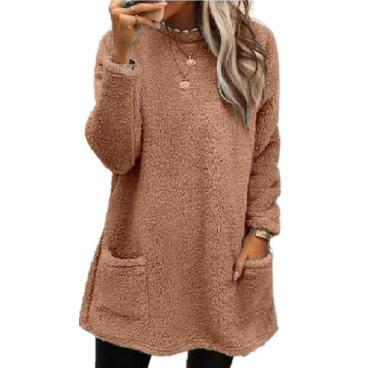 Damen nan kuscheliger langer Teddy-Pullover Oversize mit Rundhalsausschnitt und Eingrifftaschen Echo Archiv