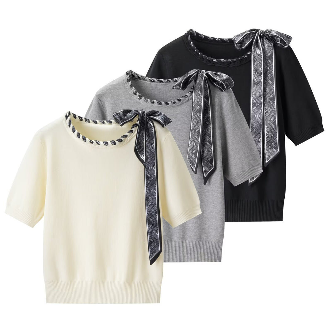Damen Kurzarmpullover mit dekorativem Halsband und stylischem Schleifendetail Echo Archiv