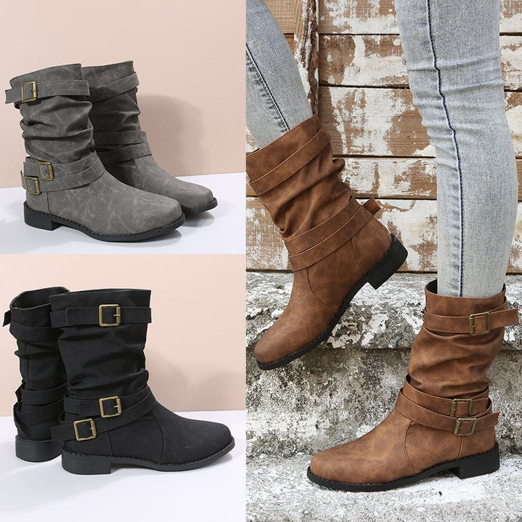 Damen nan lässige knöchelhohe Stiefelette mit gerafftem Schaft, dekorativen Schnallenriemen und flexibler Profilsohle Echo Archiv