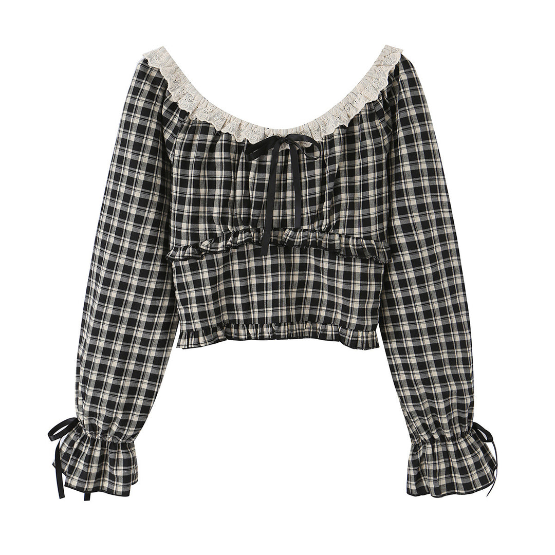 Damen Karierte Carmen-Bluse mit Rüschenkragen, Bindebändern und geraffter Cropped-Silhouette Echoarchiv