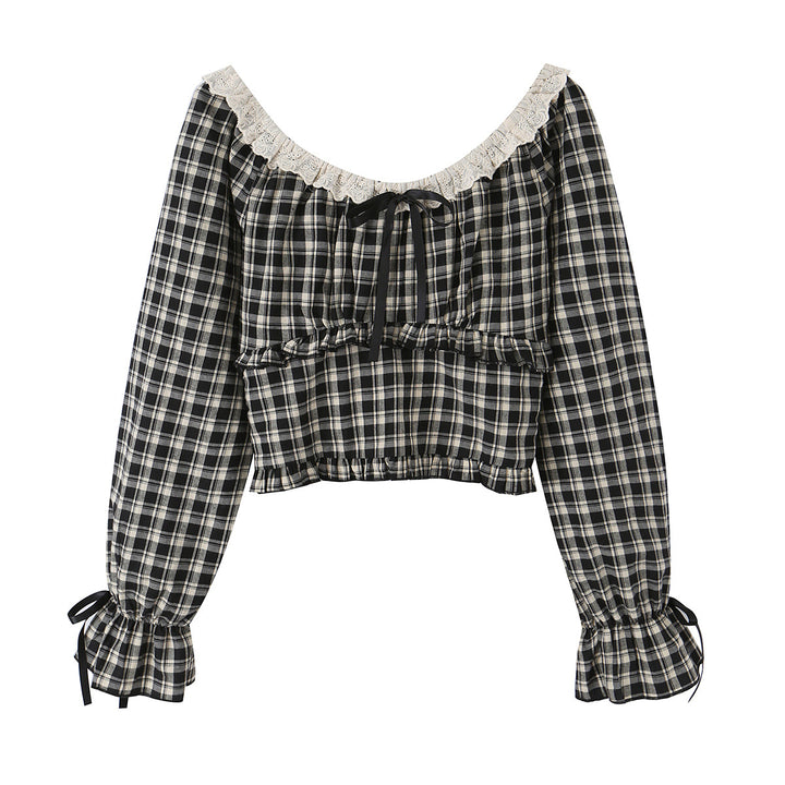 Damen Karierte Carmen-Bluse mit Rüschenkragen, Bindebändern und geraffter Cropped-Silhouette Echoarchiv
