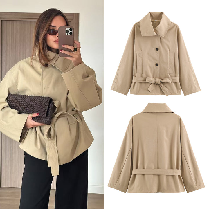 Damen Kurze taillierte Trenchjacke mit Bindegürtel und weitem Reverskragen Echo Archiv