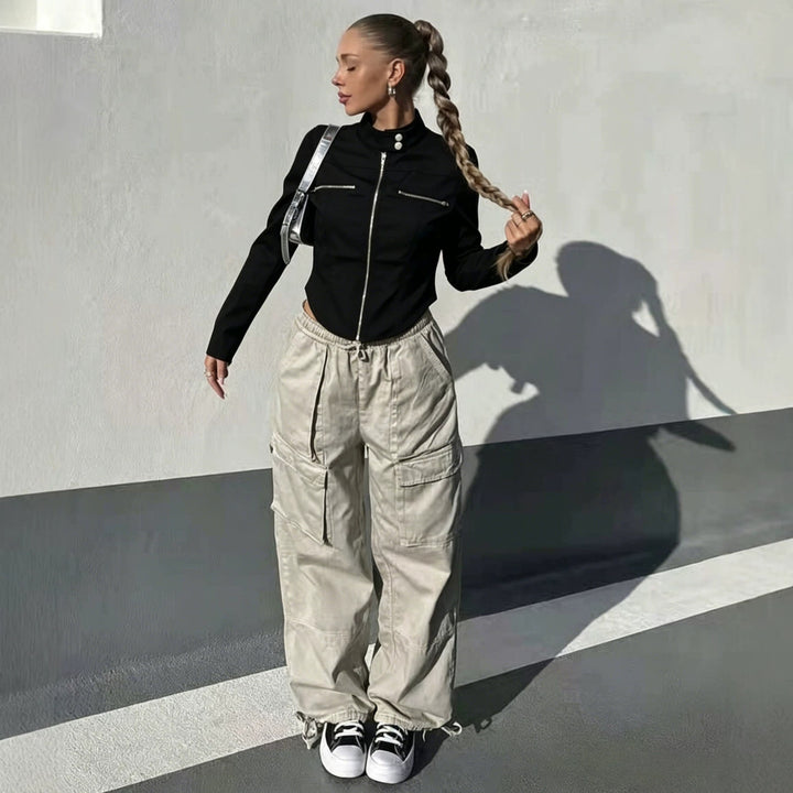 Damen Taillierte Bonded-Canvas-Bikerjacke mit Stehkragen und Brust-Reißverschlüssen Echoarchiv
