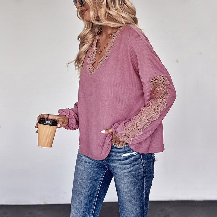 Damen Spitzenbesetzte V‑Ausschnitt-Bluse mit Ballonärmeln und Einsätzen Echoarchiv