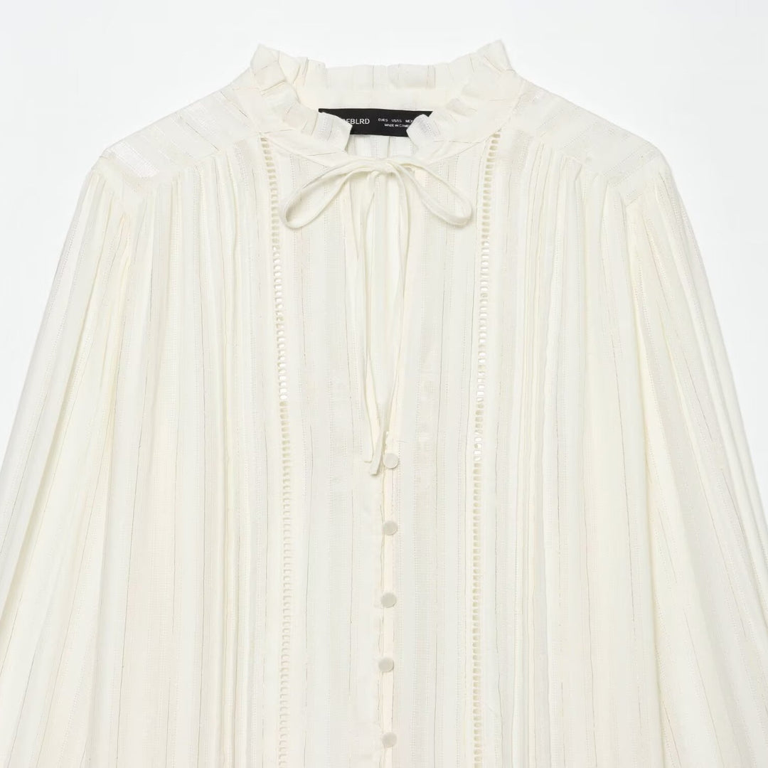 Damen Plissierte Chiffonbluse mit Rüschenkragen und Bindeband Echo Archiv