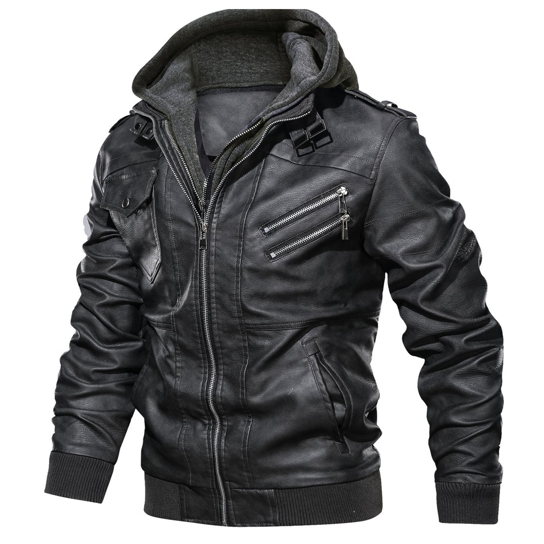 Herren modische Lederjacke mit abnehmbarer Kapuze Echoarchiv