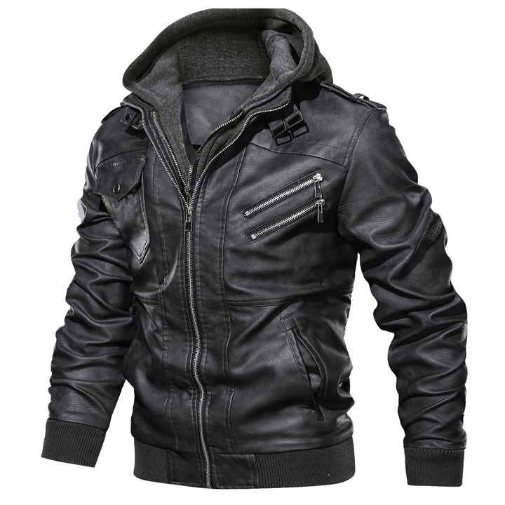 Herren modische Lederjacke mit abnehmbarer Kapuze Echoarchiv