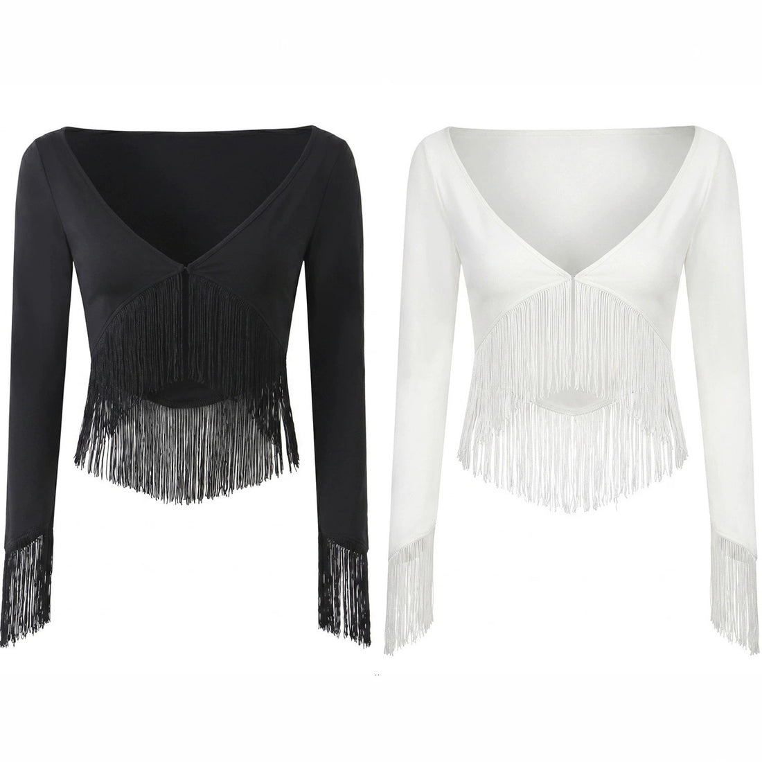 Damen Cropped V‑Neck Oberteil mit langen Ärmeln und dekorativem Fransenbesatz Echo Archiv