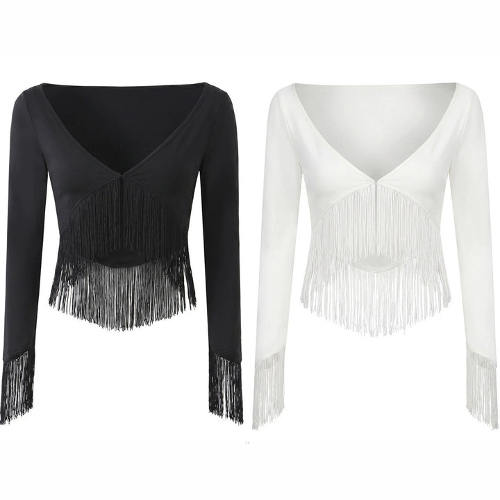 Damen Cropped V‑Neck Oberteil mit langen Ärmeln und dekorativem Fransenbesatz Echo Archiv