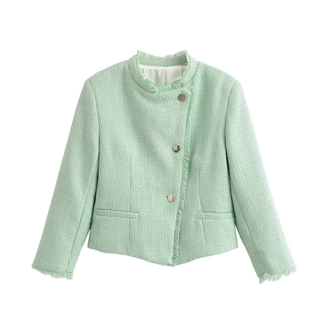Damen Kurz geschnittene Bouclé-Tweedjacke mit Fransenbesatz und Rundhalsausschnitt Echo Archiv