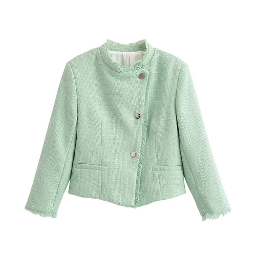 Damen Kurz geschnittene Bouclé-Tweedjacke mit Fransenbesatz und Rundhalsausschnitt Echo Archiv