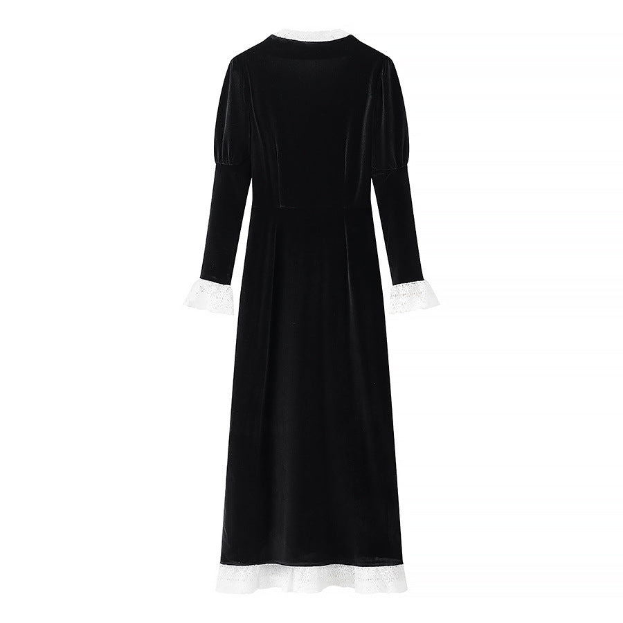 Damen viktorianisches Samt-Maxikleid mit Spitzenkragen, Puffärmeln und taillierter Empirenaht – Valéora