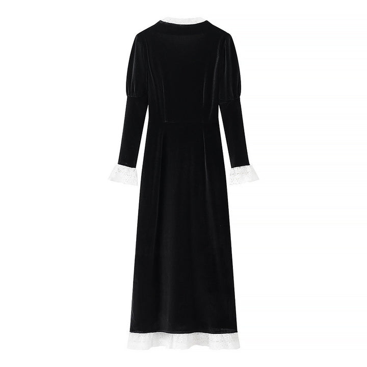 Damen viktorianisches Samt-Maxikleid mit Spitzenkragen, Puffärmeln und taillierter Empirenaht – Valéora