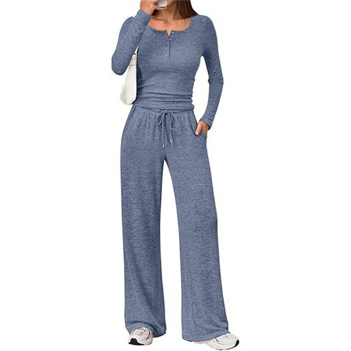 Damen Zweiteiliges Feinstrick-Lounge-Set mit Henley-Top und Palazzo-Hose Echoarchiv