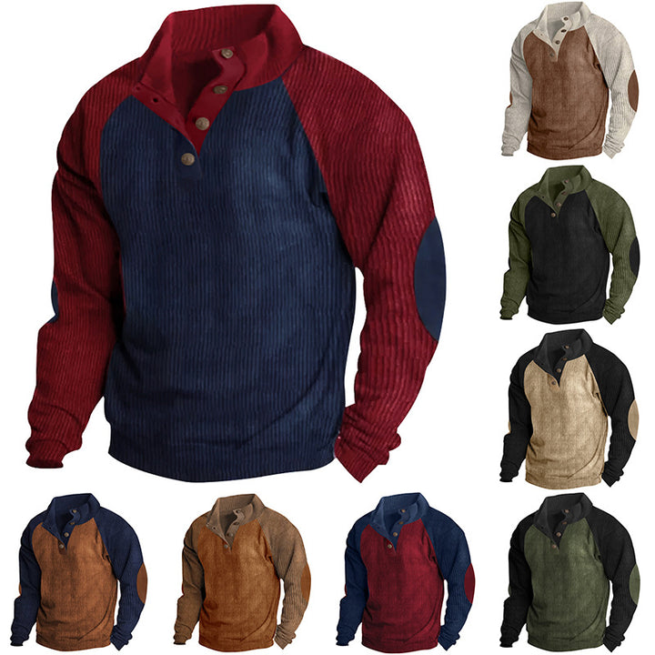 Herren Strukturiertes Raglan-Henley-Pullover mit Stehkragen, Ellenbogenpatches & Knopfleiste – Norvane