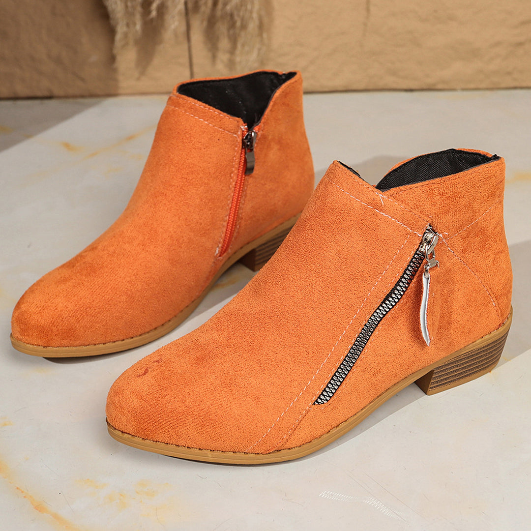 Damen Moderne Kurzschaft-Stiefelette mit sichtbarem Metallreißverschluss und niedriger Holzoptik-Blocksohle – Varelle
